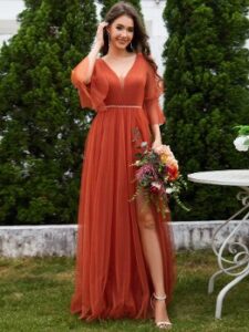 Long Lantern Sleeve Deep V-Neck Tulle Bridesmaid Dress