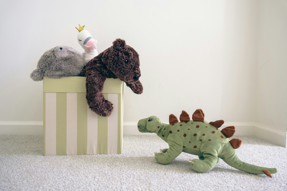 stuffed animals teddy bear and dinosaur